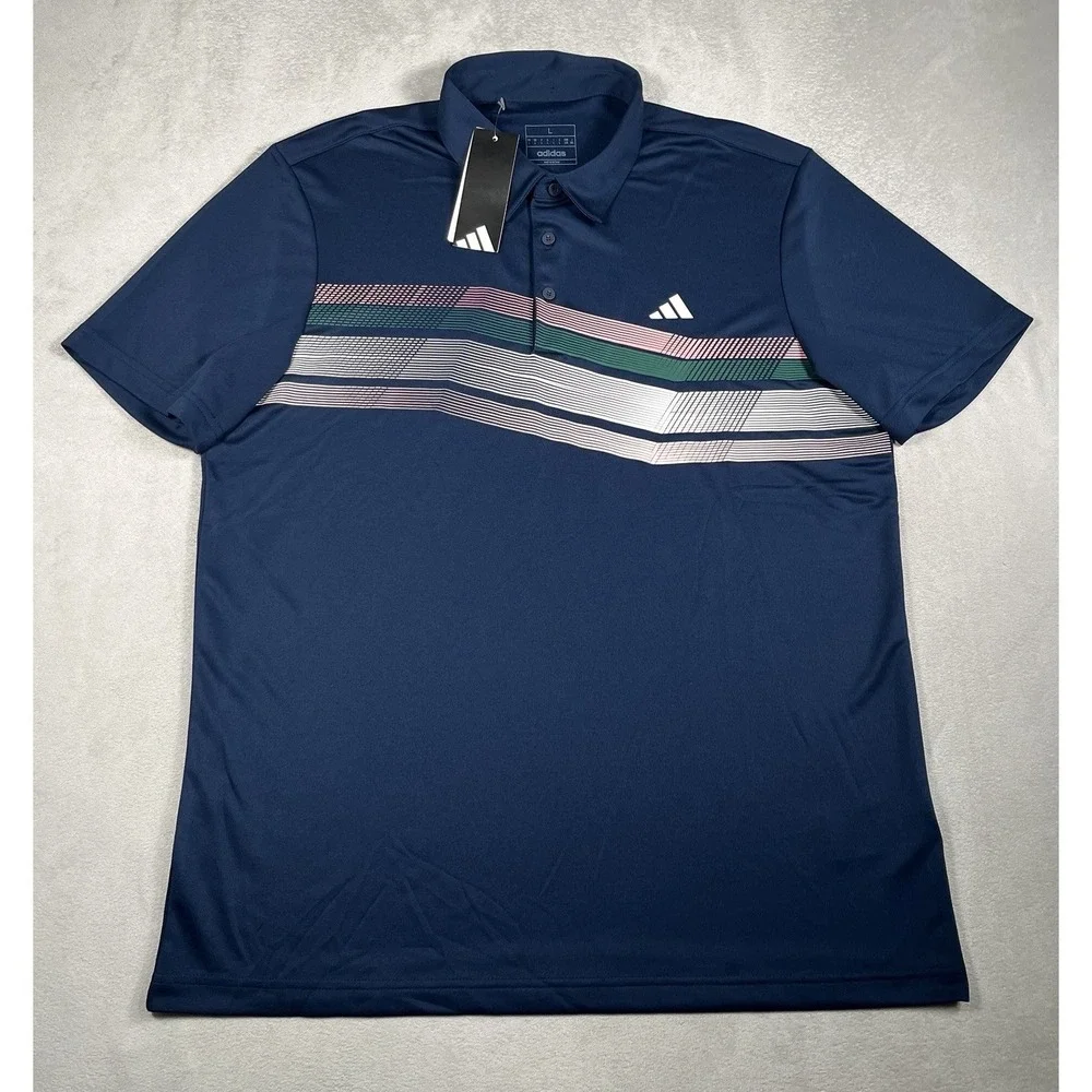 NWT Adidas Core Chest Stripe Golf Polo Shirt Mens Size Large Blue IX2012 New